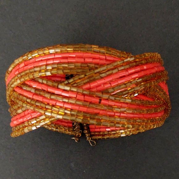 Gold and orange bugle bead memory wire cuff - Picture 9 of 10